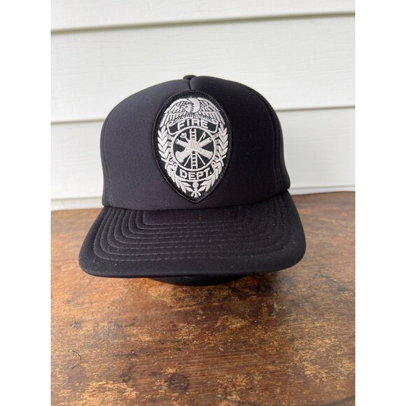 Vintage Colourtrans Black Snapback Hat With Embroidered Fire Dept Badge Patch H3 - Picture 1 of 4